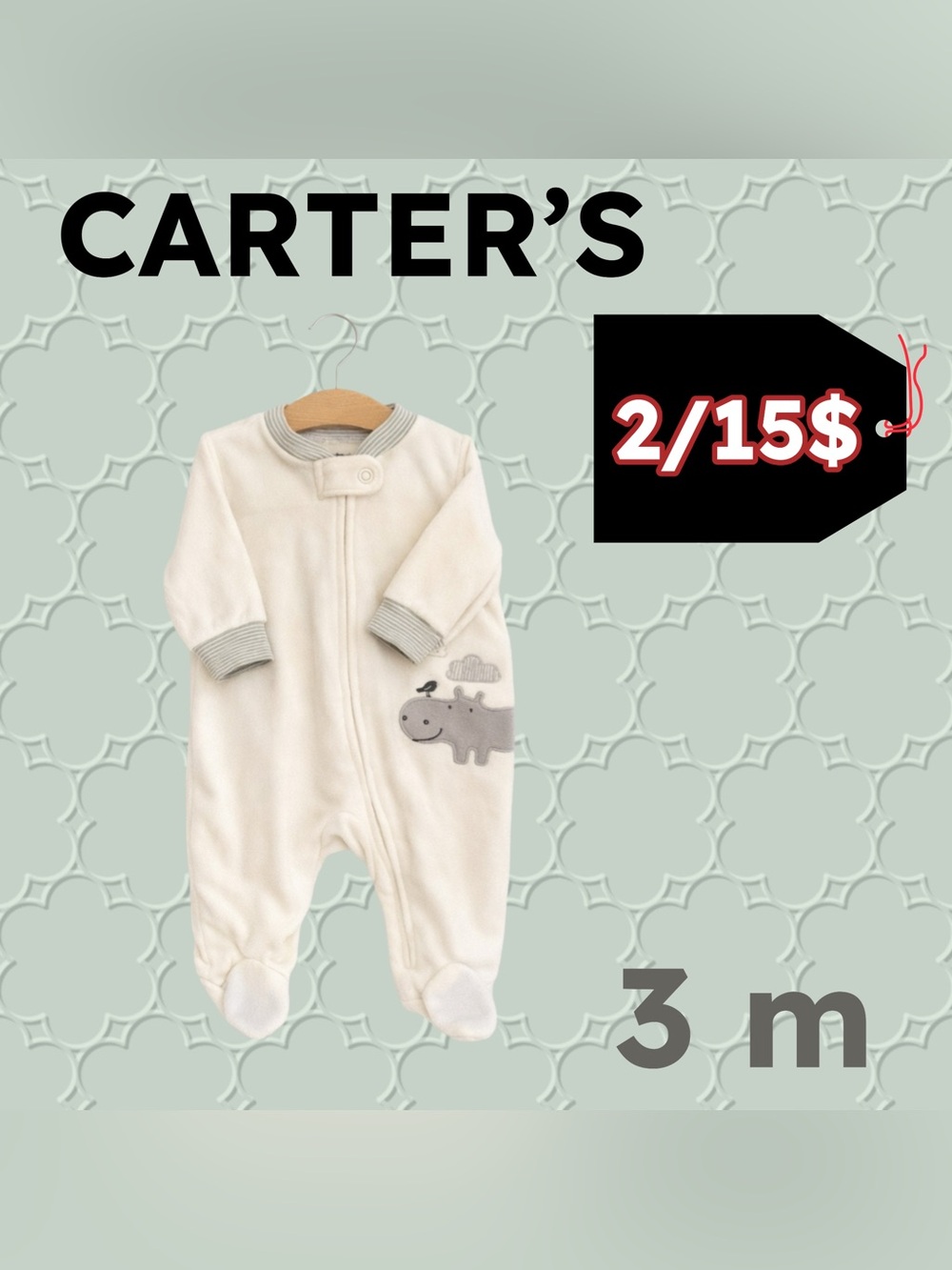 ❄️2/15$🇺🇸👍 GUC CARTER’S | 3 m |Cozy Unisex Hippo embroided Warm Pyjamas